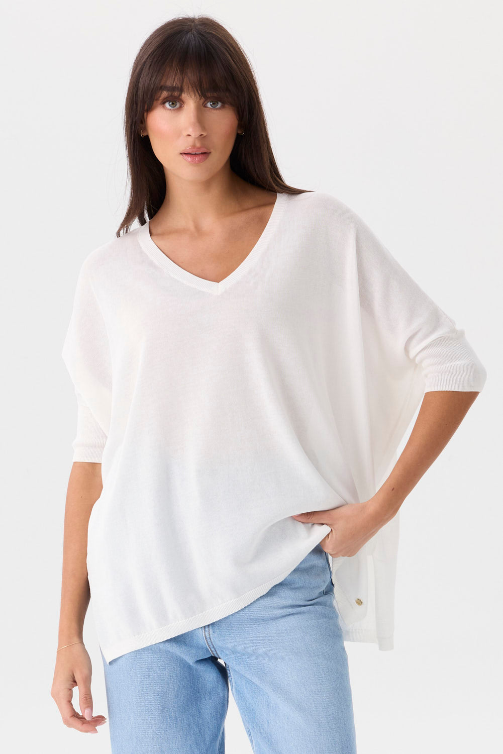 Lauret Wide Tee in Chalk, relaxed 100% cotton V-neck knit shown on model.
