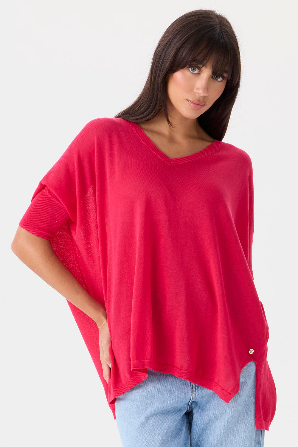 Lauret Wide Tee in Rose, relaxed 100% cotton V-neck knit shown on model.